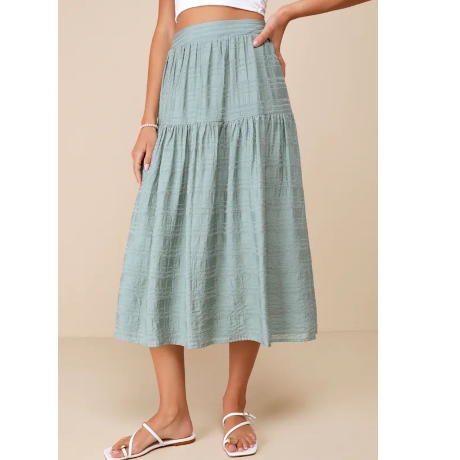 Lulus Nwt Confidently Effortless Midi Skirt Sz Medium Teal Tiered Textured Flowy